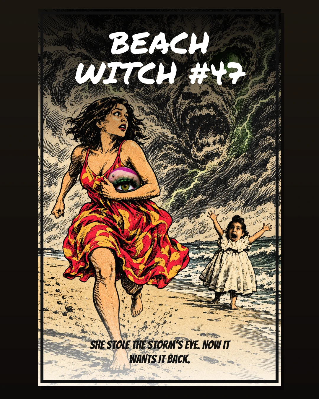 Vintage-style comic cover “Beach Witch #47”: a woman in a red dress runs along the beach clutching a giant eye as a storm face roars behind her