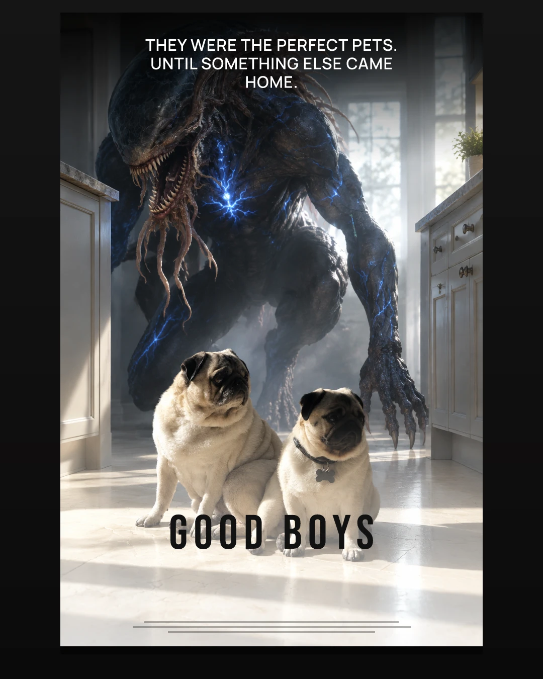 Movie poster “Good Boys”: two pugs sit calmly on a kitchen floor while a huge monster looms behind them