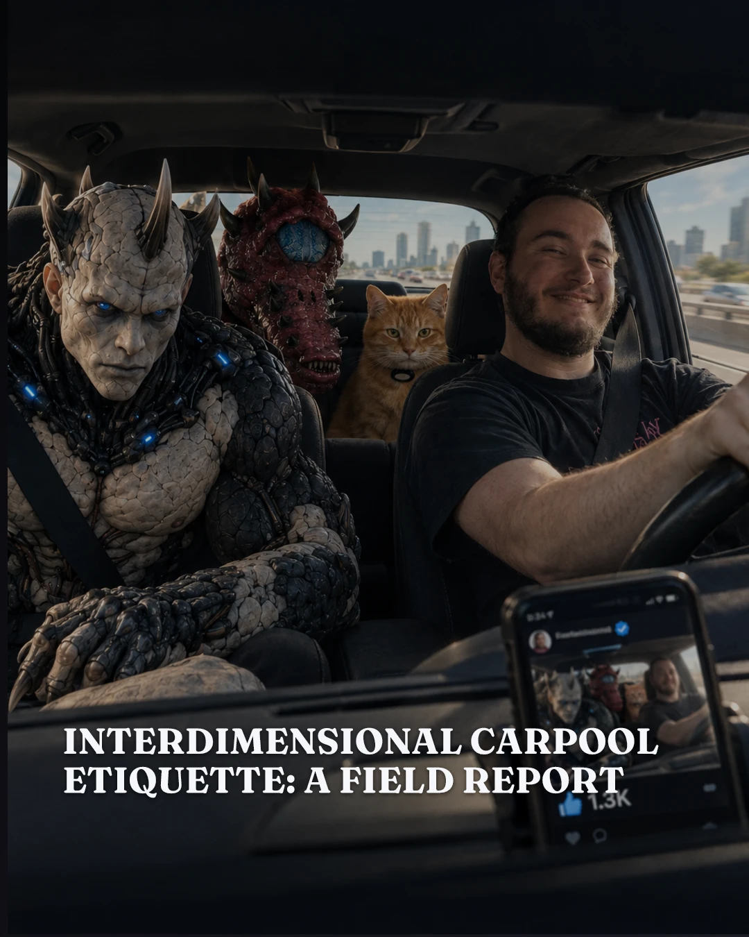 “Interdimensional Carpool Etiquette: A Field Report”: a smiling driver with two horned creatures and an orange cat as passengers