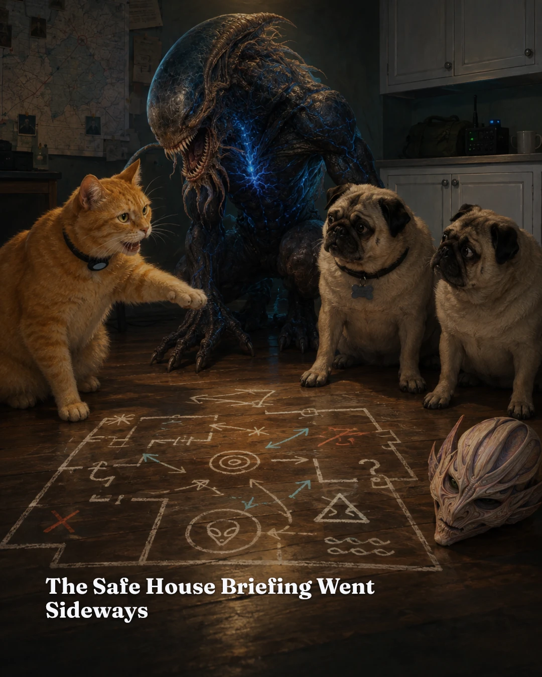“The Safe House Briefing Went Sideways”: an orange cat explains a chalk battle plan to two worried pugs and a looming alien