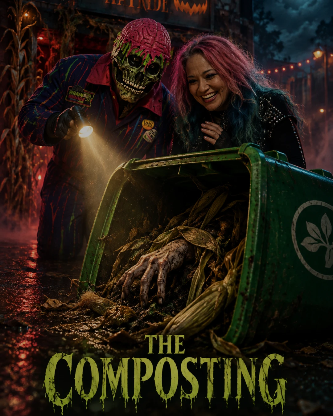 Horror movie poster “The Composting”: a laughing woman and a masked figure find a hand in a tipped-over compost bin