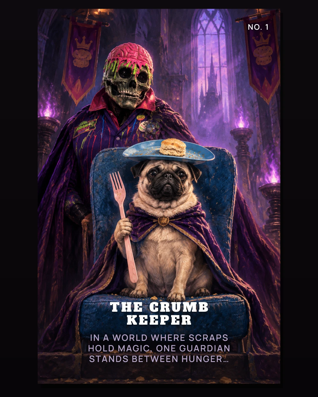 Comic cover “The Crumb Keeper”, No. 1: a caped pug on a throne holding a fork, a biscuit on its hat