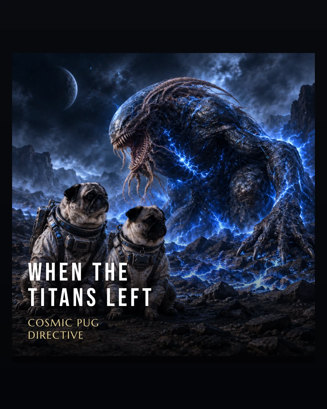Album cover “When the Titans Left” by Cosmic Pug Directive: two pugs in spacesuits before a giant alien